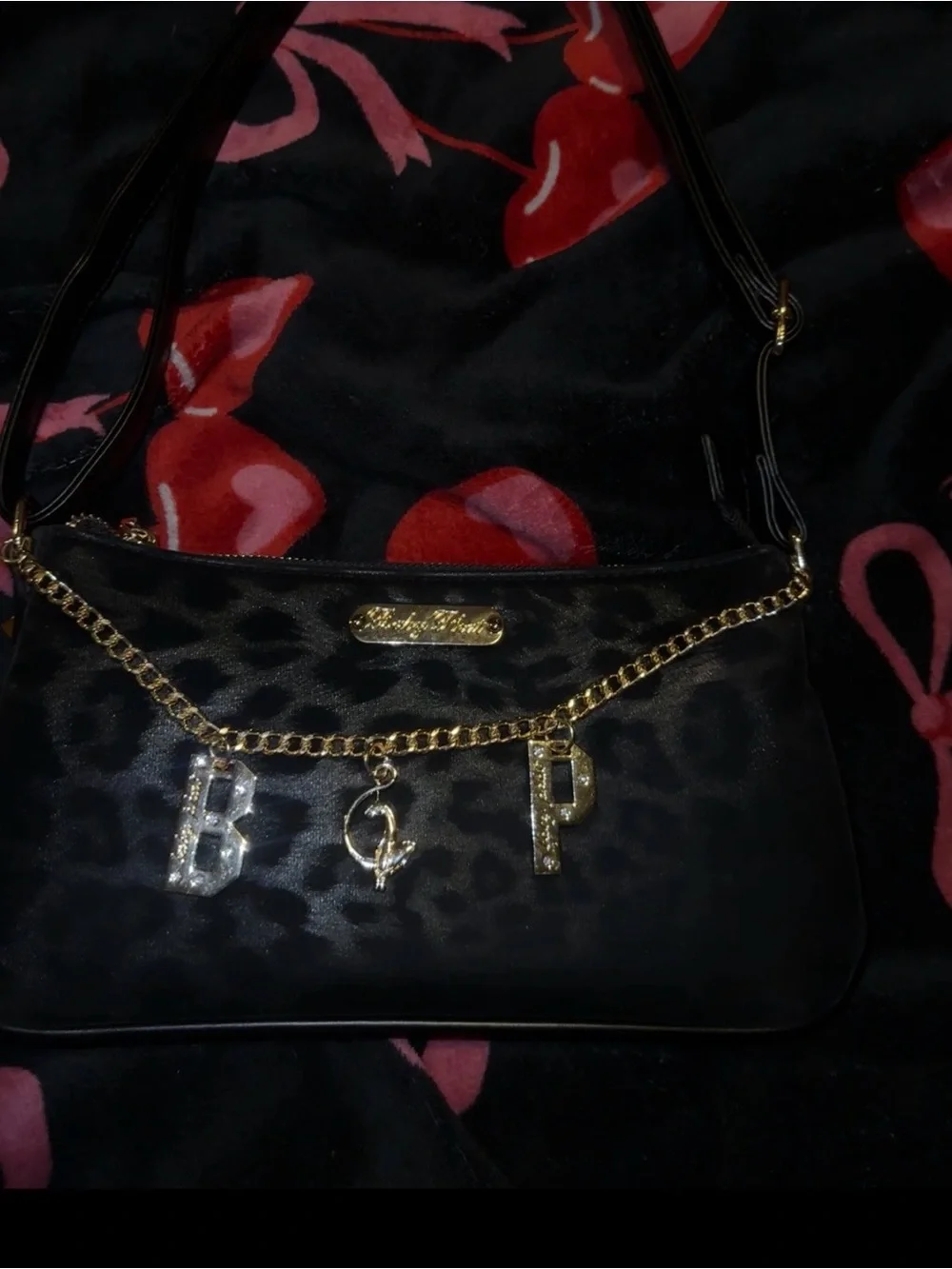 Baby Phat Black Leopard-Print Shoulder Bag with Gold Charm Chain